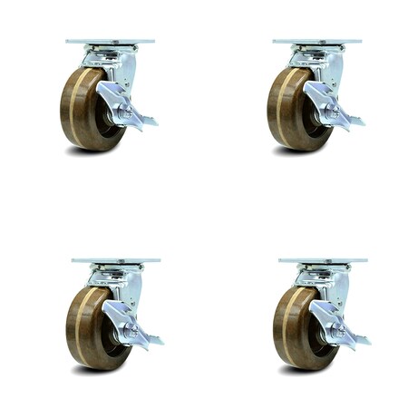 Service Caster 5 Inch High Temp Phenolic Caster Set with Roller Bearings and Brake/Swivel Lock SCC-30CS520-PHRHT-TLB-BSL-4